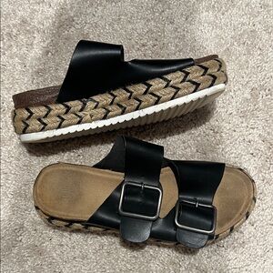 Black Double-Buckle Slide Sandals - Women's
